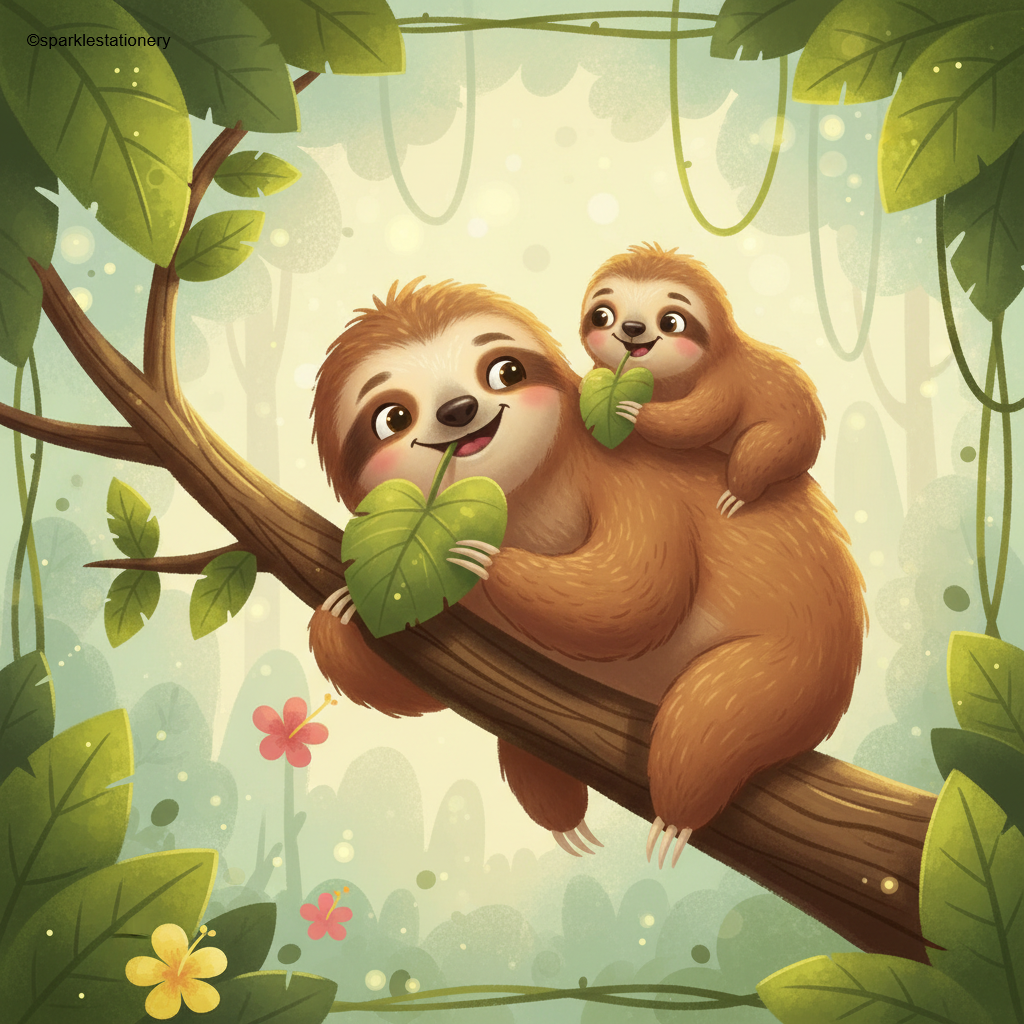 sloth dad & bub eating leaves