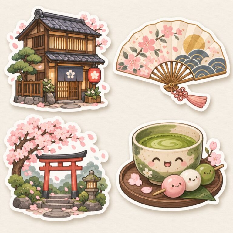 Japanese-inspired kawaii stickers for travel scrapbook pages